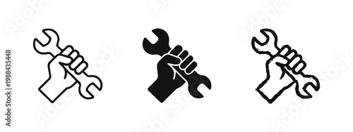 Hand holding wrench icon set representing manual labor repair and technical empowerment