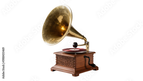 Fotografie Antique gramophone with brass horn and wooden base, isolated on transparent back