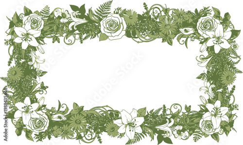 Elegant hand-drawn floral frame with pink roses, white lilies, purple lavender, and yellow daisies creating a beautiful natural border perfect for spring and summer invitations or greetings.