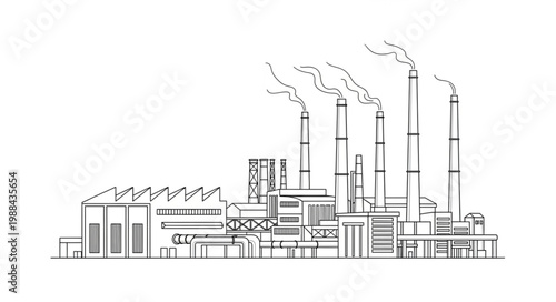 Industrial factory with smoking chimneys sketch drawing.