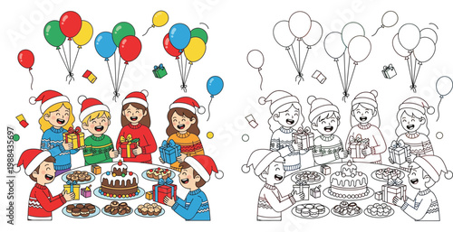 Kids Christmas Party Celebration Coloring Page with Children, Balloons, Cake, and Gifts - Festive Holiday Illustration Set