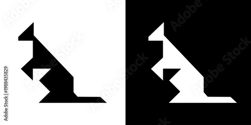  minimalist black and white silhouette logo of a kangaroo, stylized with sharp angles and curves