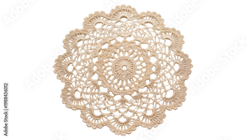 Obraz na płótnie Delicate beige crocheted doily with intricate floral pattern, isolated on transp