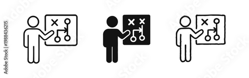 Business Strategy Planning Icon Set with Person and Board - Outline, Solid, and Hand-Drawn Styles