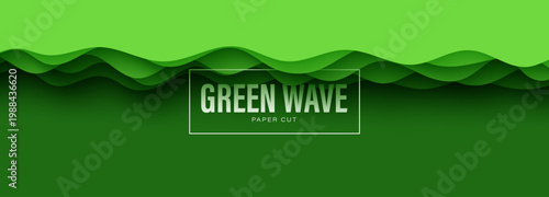 Green waves layers paper cut border with 3D slime abstract background. Abstract layout template for eco brochure environment flyer. Papercut banner carving waving layered shape vector illustration.