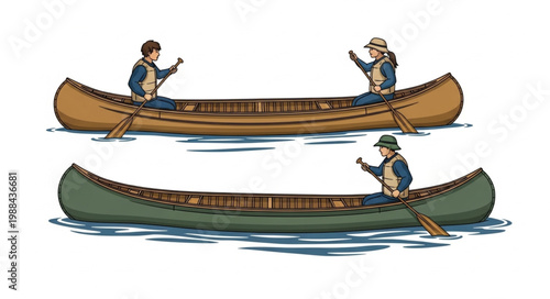 Two canoes with people paddling on water.