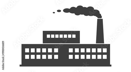 Simple black silhouette of a factory building with a smoking chimney