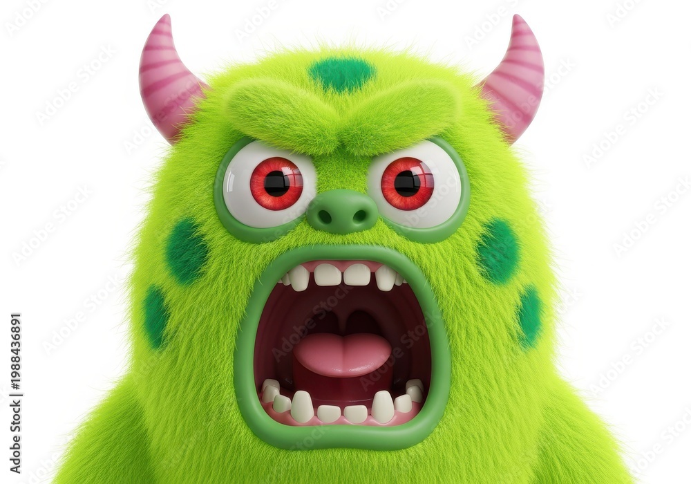 Naklejka premium Furry green monster with large red eyes screams with an open mouth.