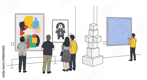 People observe modern art paintings and sculptures in a gallery exhibition.
