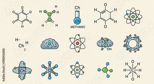 Collection of chemical molecular structures and scientific icons.