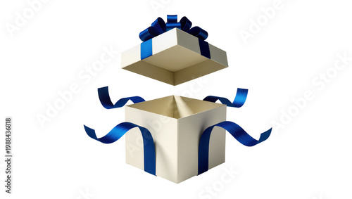 Fotografie Open cream gift box with blue ribbon and bow, isolated on transparent background