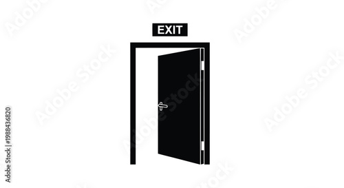 Black and white illustration of an open door with an exit sign