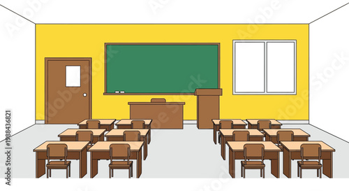 A simple cartoon illustration of a brightly colored classroom setting