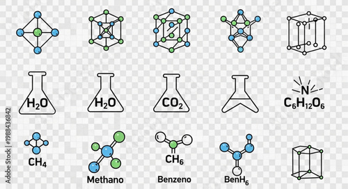 Collection of Chemical Molecule Icons and Formulas.