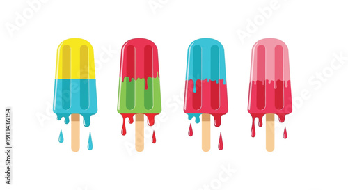 Four colorful popsicles dripping with melting liquid arranged in a row