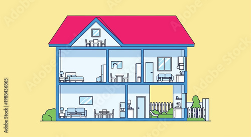 Cutaway illustration reveals the interior layout of a two story house