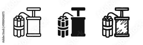 Dynamite TNT and Detonator Plunger Icon - Outline, Solid, and Hand-Drawn Styles