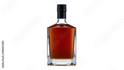Obraz na płótnie Clear glass bottle with dark amber liquid and black cap, isolated on transparent