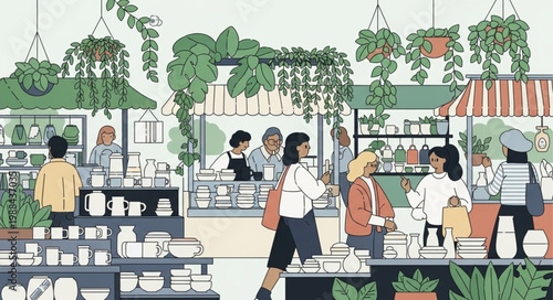 People shopping at a vibrant indoor market filled with plants and goods.