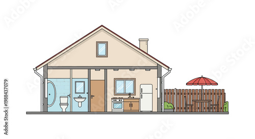 Detailed cross section illustration of a small house with interior furnishings