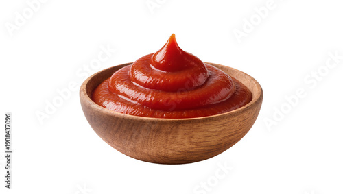 Quadro su tela Swirl of rich red tomato ketchup in a wooden bowl, isolated on transparent backg