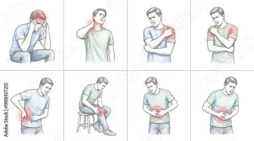 Collection of medical illustrations depicting common body pains and discomforts, such as headaches, neck pain, shoulder pain, and abdominal pain