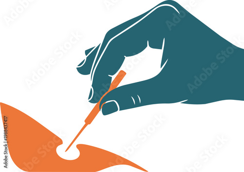 Flat icon of a therapist’s hand carefully inserting an acupuncture needle into a patient’s skin, perfect for wellness clinics, alternative medicine logos, and pain therapy graphics