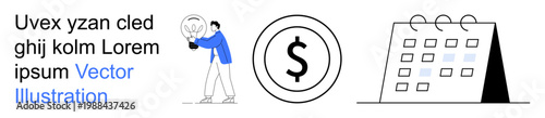 Financial planning, money management, business strategy, creativity, scheduling, goal setting. Person with light bulb, dollar sign calendar. Financial planning and money management imagery