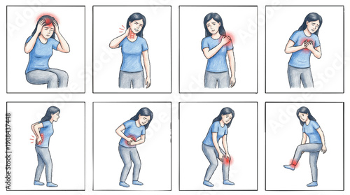 Illustration depicting various painful bodily sensations and physical discomforts