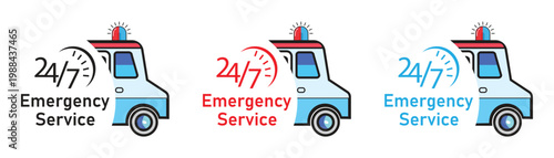 Ambulance Emergency Service Icon Set with 24/7 Symbol in Different Colors