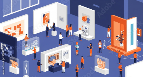 People viewing art exhibits in a modern museum gallery.