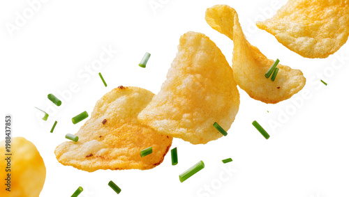 Obraz na plátně Crispy potato chips with chives, isolated on transparent background