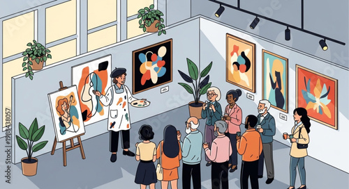 People viewing art gallery exhibit.