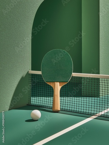 Green table tennis racket standing against net with white ball on green surface. Modern sports equipment arrangement