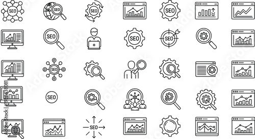 Comprehensive collection of search engine optimization line icons featuring data analytics charts web development strategy digital marketing tools keyword research and business growth management symb