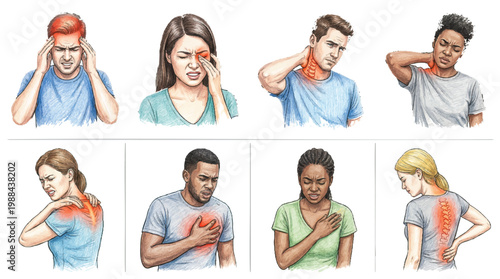 Illustrations depicting various pain points and discomfort experienced by people