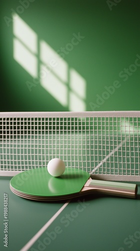 White ping pong ball on green racket next to net. Window shadow pattern on green background for sports theme