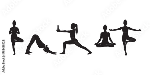 Collection of women practicing yoga asanas for fitness and meditation.