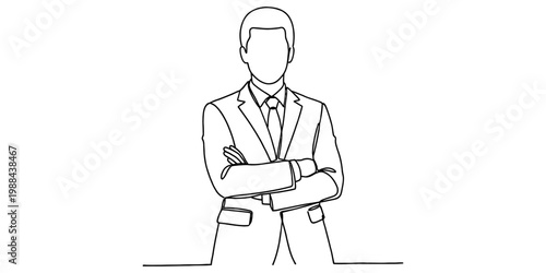 A minimalist black and white line art illustration of a professional businessman in a suit isolated on white background, Vector, illustration