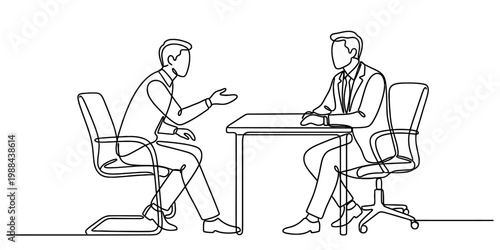 A single continuous line drawing of two professional people having a meeting at a desk office isolated on white background, Vector, illustration