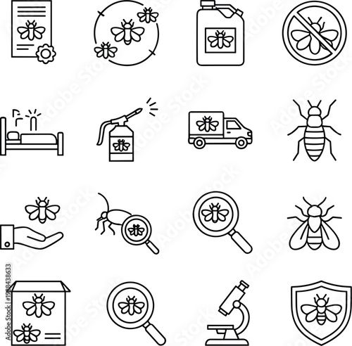 Professional vector line icon set featuring pest control services for bed bugs including chemical spray treatments, inspection magnifying glass, exterminator delivery truck and prevention.
