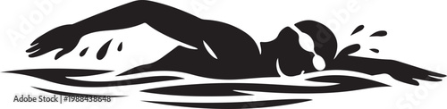 Clean black silhouette of person swimming freestyle in pool