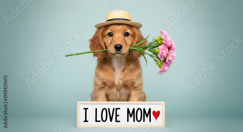 Golden retriever puppy holding pink flowers with I Love Mom sign for Mother's Day celebration
