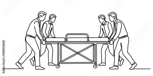 Four men in professional attire working together to carefully move a heavy hospital stretcher unit isolated on white background, Vector, illustration