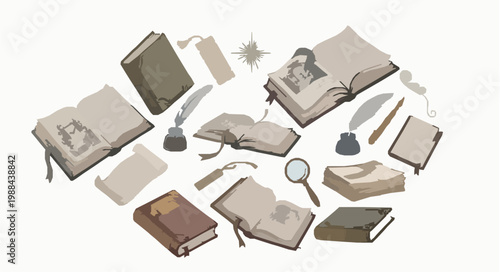 Whimsical vintage literature book clipart vector in circular composition with hand drawn books isolated on white