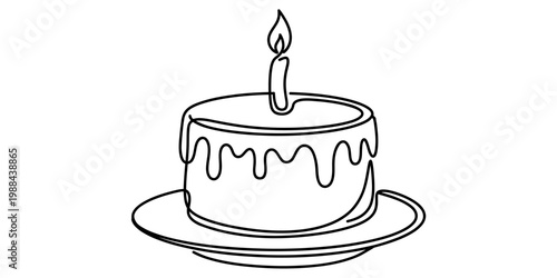 A minimalist single line drawing of a birthday cake with a lit candle placed on a simple plate isolated on white background, Vector, illustration