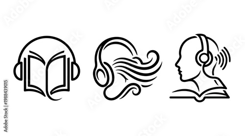 Audiobook Icons Depicting Listening, Reading, and Sound Concepts.