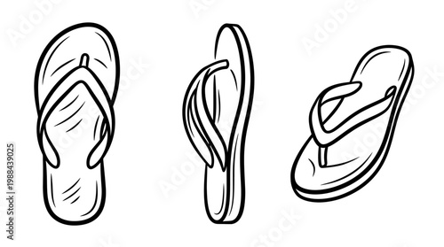 Black and White Artistic Illustrations of Flip Flops in Various Positions.