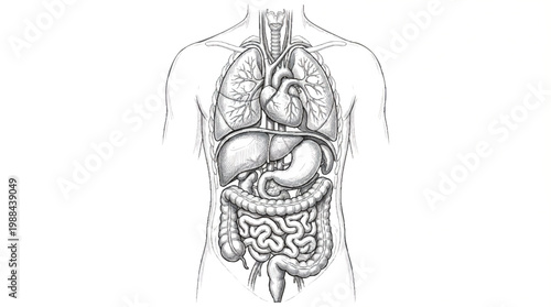 Anatomy Illustration A Detailed Pencil Sketch of the Human Torso and Internal Organs