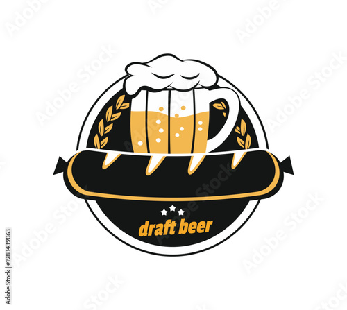Logo beer shop. Vector illustration of a beer sign. Orange and yellow splashes of drink in a mug. Symbol glass beer. Flat style. Symbol one glass of beer.